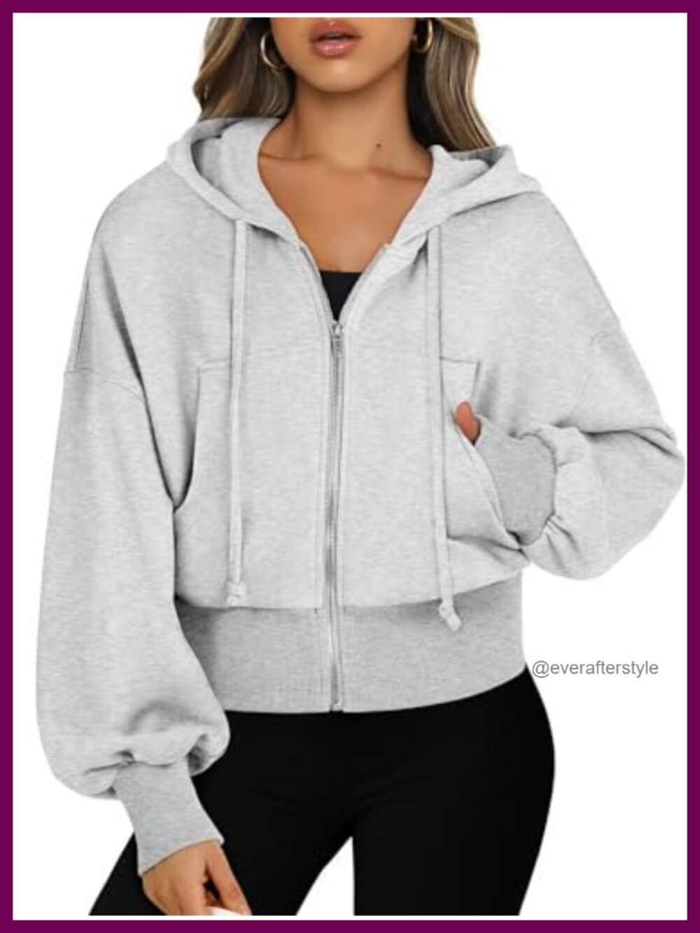 Women's Zip Up Cropped Hoodie Sweatshirt Ribbed Cuff Kangaroo Pocket